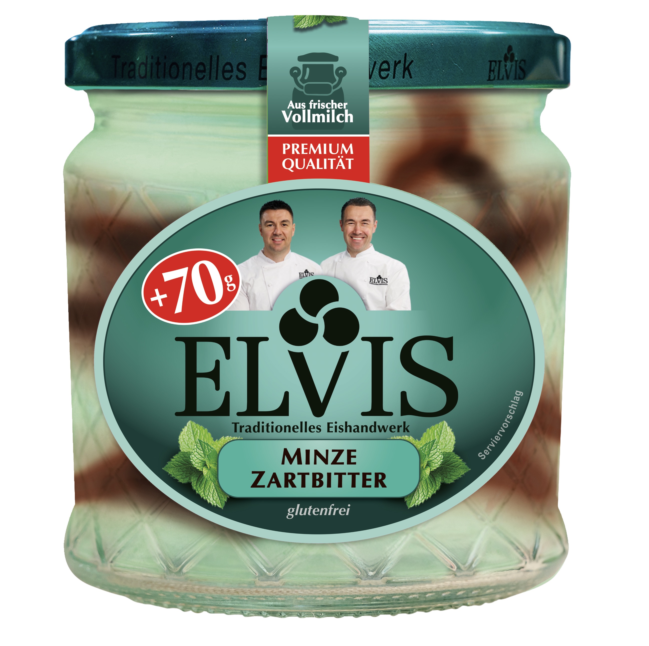 Vorderansicht ELVIS Eis Minze Zartbitter. Abbildung eine Glases mit türkisfarbendem Ettikett und Schraubdeckel.