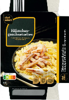 Das Bild zeigt eine Verpackung Chef Select Hähnchengeschnetzeltes in Champignon-Rahmsauce mit Spiralnudeln von LIDL