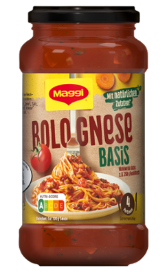 Abbildung der Produktvorderseite MAGGI Pastasauce im Glas "Bolognese Basis". Auf dem Etikett ist eine Portion Spaghetti Bolognese abgebildet.