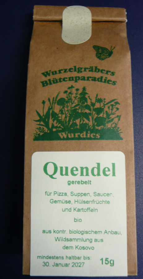 Abgebildet ist der Tüten-Artikel "Quendel gerebelt".