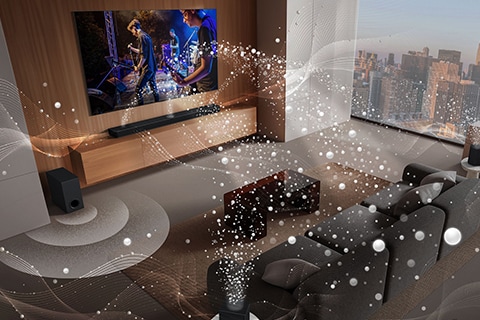 LG TV, LG Soundbar, rear speakers and a subwoofer are in a living room of a skyscraper, playing a musical performance. White soundwaves made up of droplets project from the soundbar and rear speakers, looping around the sofa and living space. A subwoofer is creating a sound effect from the bottom.