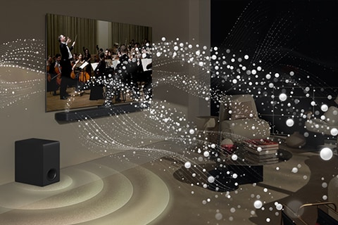 LG TV and LG Soundbar in a living room playing an orchestra performance. White waves of droplets representing soundwaves shoot upwards and forward from the soundbar and project from the TV, as subwoofer is creating a sound effect from the bottom.