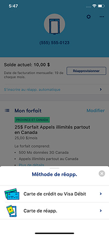 Réapprovisionne ton compte avec une carte de crédit, une carte Visa Débit ou une carte de réapprovisionnement