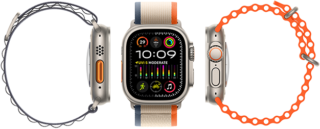 Apple Watch Ultra 2 showing compatibility with three different band types, large display, rugged titanium case, orange action button, and digital crown