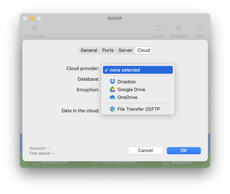 MAMP Cloud Settings