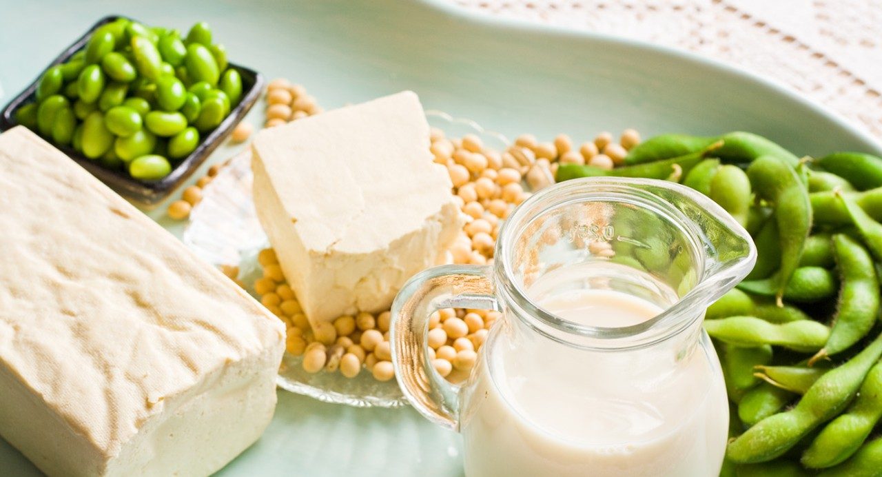 A photo of soybeans, cheese and a pitcher of milk