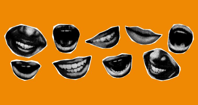 Nine black and white pictures of mouths against an orange background