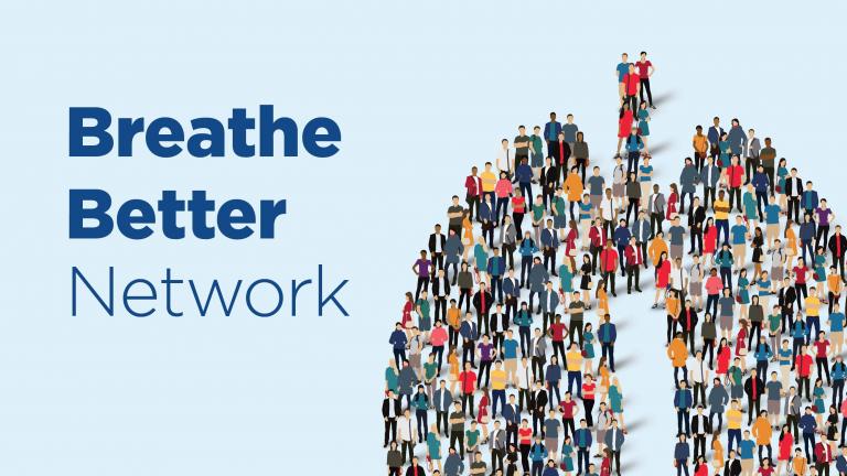 Illustration of a group of people forming the shape of a lung. Text reads Breathe Better Network