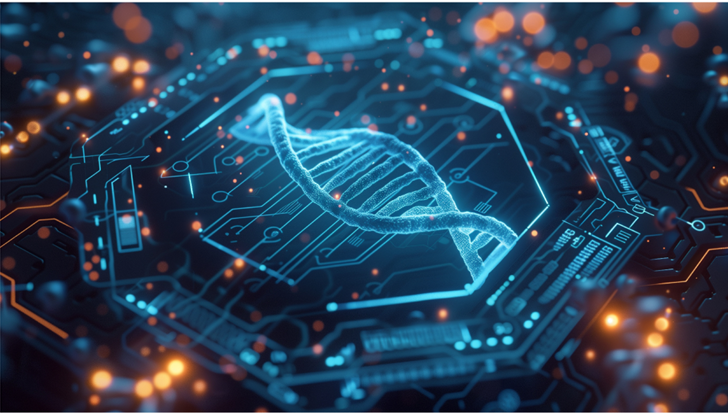 illustration of a double helix superimposed upon a computer circuit schematic