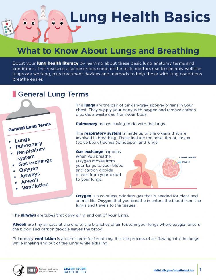 Two illustrated lung characters, one is holding a clipboard. A diagram of a person whose lungs are visible, with a close-up of an air sac with carbon dioxide entering and oxygen leaving the air sac. A young woman uses an inhaler. A young man coughs into a tissue. An air sac filled with fluid. A man breathes in through a measurement device, assisted by a healthcare provider. A man walks on a treadmill, monitored by a healthcare provider. A gray-haired man stands next to a portable oxygen tank.