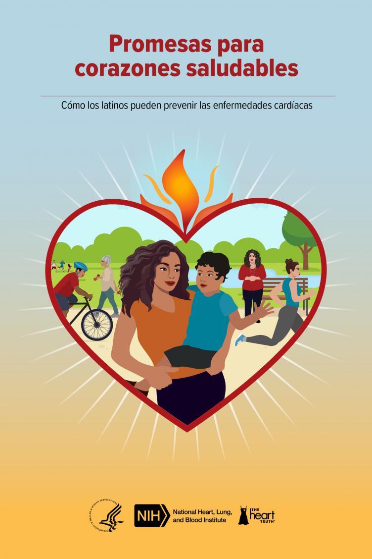 Una ilustración de una mujer sosteniendo a un niño en el parque dentro de un corazón con llamas en la parte superior; incluye el logotipo del Departamento de Salud y Servicios Humanos de EE.UU. el logotipo de los Institutos Nacionales de Salud y el logotipo del Instituto Nacional del Corazón, los Pulmones y la Sangre.