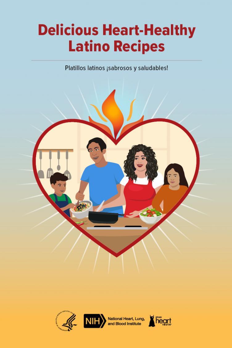 An illustration of a Hispanic/Latino family cooking, inside a heart with a flame at the top; includes the U.S. Department of Health and Human Services logo, National Institutes of Health logo, and National Heart, Lung, and Blood Institute logo.