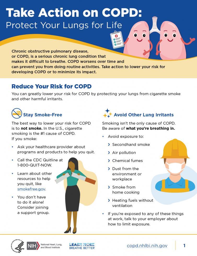 Take Action on COPD: Protect Your Lungs for Life. Two illustrated smiling lung characters, one is holding a clipboard with checkboxes. A Black or African American woman holding a large cigarette in both hands, breaking it in half. A White man wearing a construction hat and a face mask.