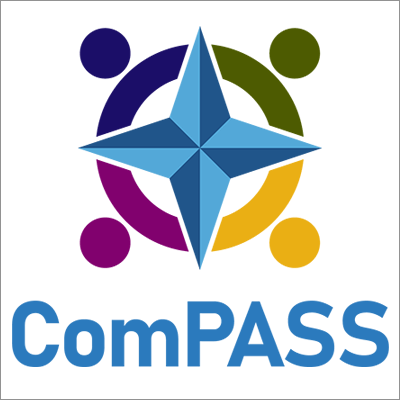 Compass-like graphic of blue 2-tone, 4-pronged star, encircled by a border and dot in each quadrant of navy (top-left), olive (top-right), gold (bottom-right), magenta (bottom-left). Blue letters below read ComPASS