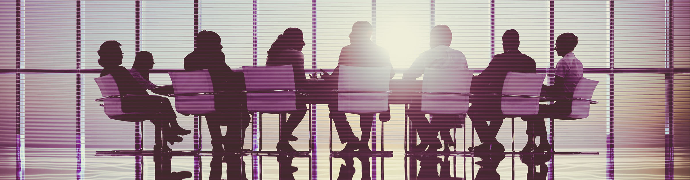 Silhouette view of a group of men and women around a meeting table