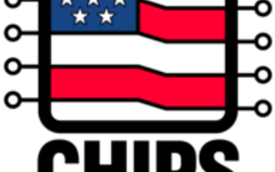 Square with rounded edges. Fill of square looks like American flag. Coming off the sides of the square are lines with unfilled circles at end. Words underneath: CHIPS for AMERICA