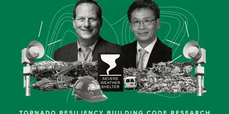 Photos of Marc Levitan and Long Phan are part of a collage of tornado images labeled: Tornado Resiliency Building Code Research