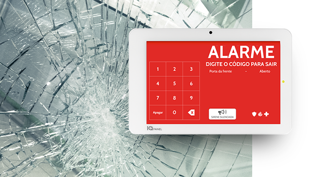 Ecrã de tablet que diz "ALARME: Digite o código para sair"