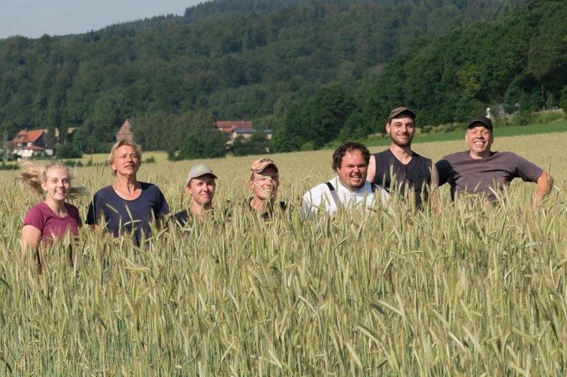 Menschen stehen im Feld.