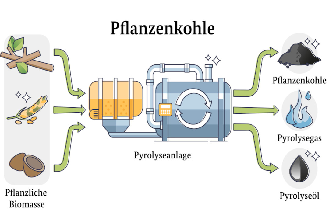 Grafik zur Pyrolyse von Pflanzenkohle.