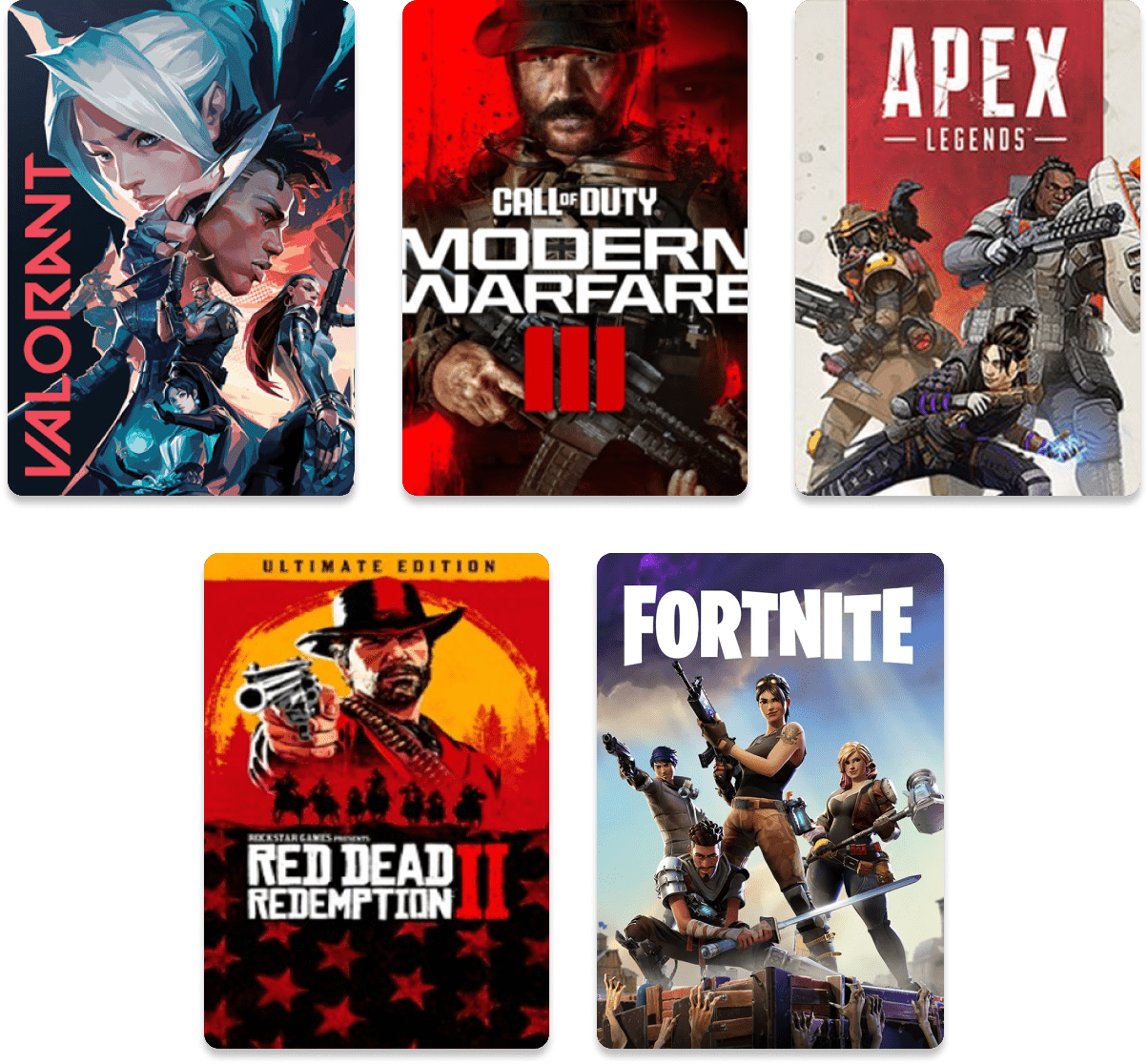 VALORANT, MODERN WARFARE III, APEX LEGENDS, RED DEAD REDEMPTION II, FORTNITE