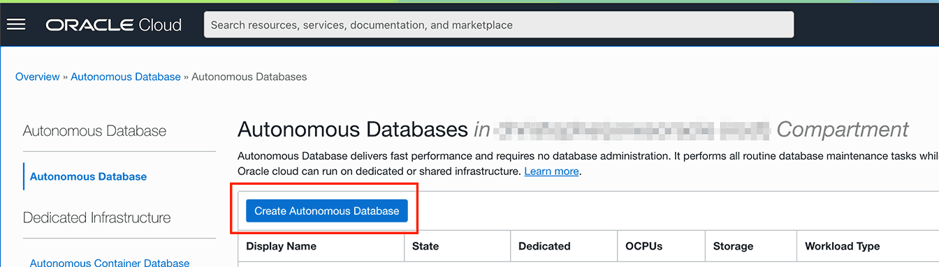 Screenshot of Oracle Autonomous Cloud database creation