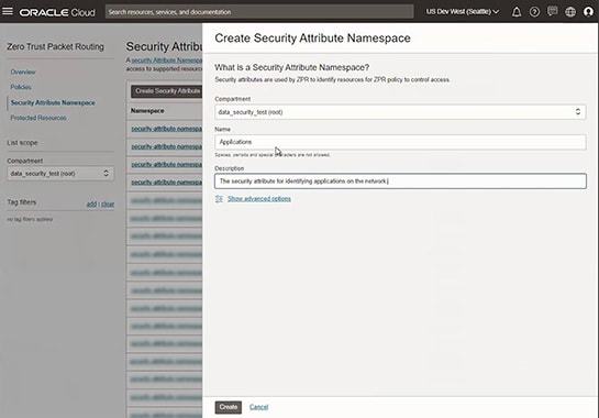 Image of Create Security Attribute Namespace window