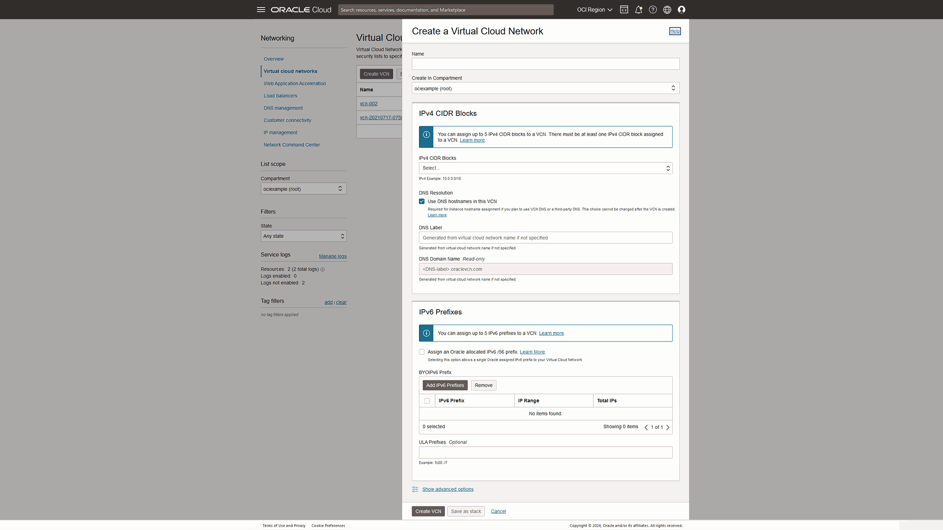 Create a Virtual Cloud Network view