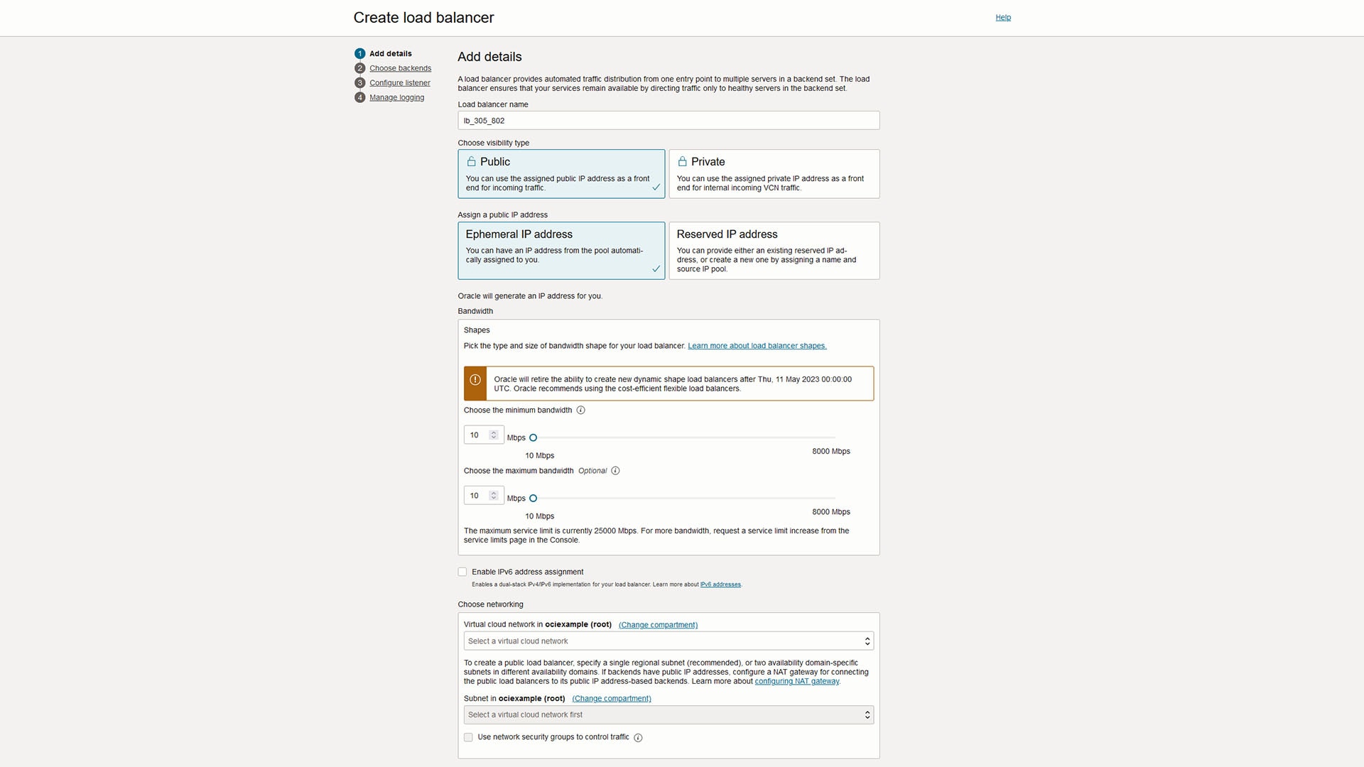 Create a load balancer - Add details view