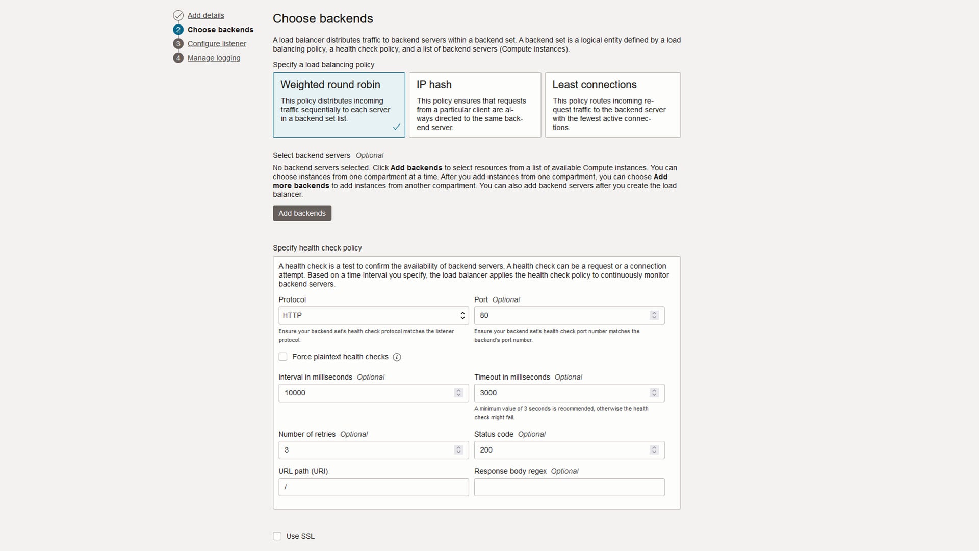 Create a load balancer - Choose backends view