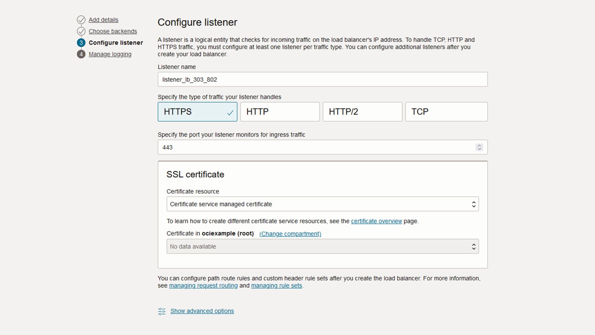 Create a load balancer - Configure listener view