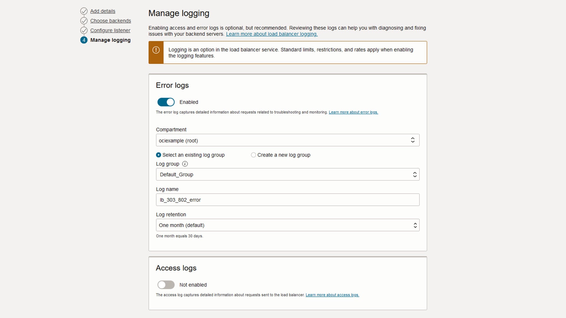 Create a load balancer - Manage logging view