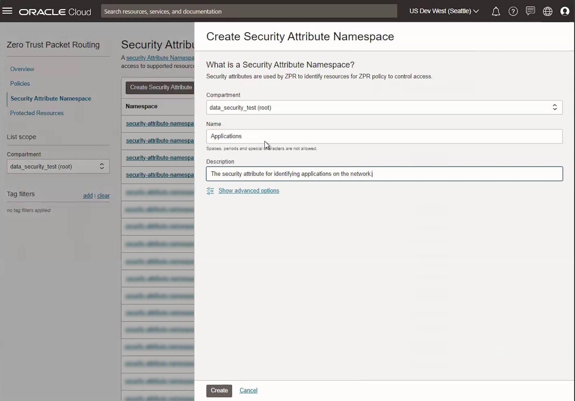 Manage OCI ZPR security attribute namespaces