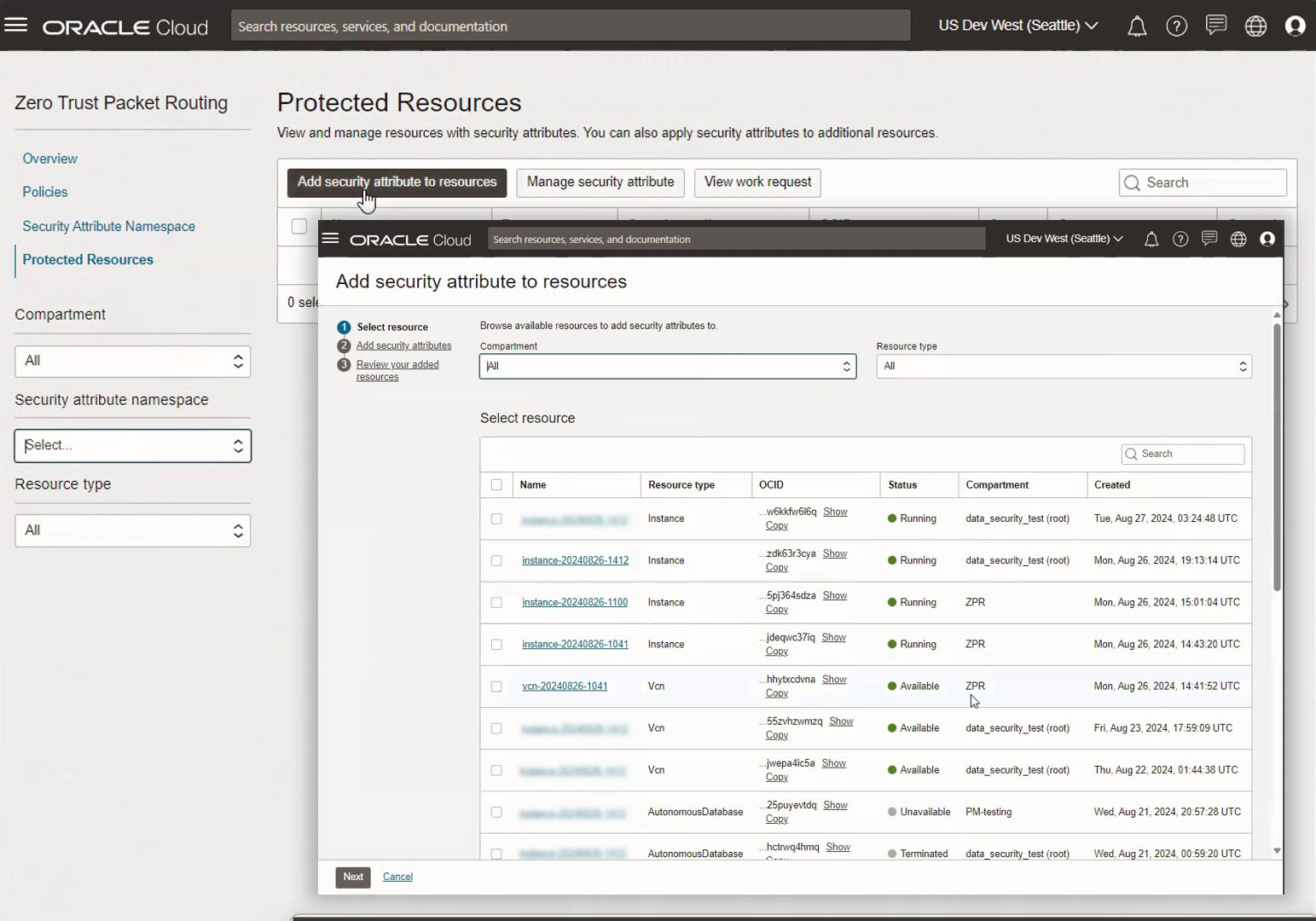 Apply security attributes to OCI resources