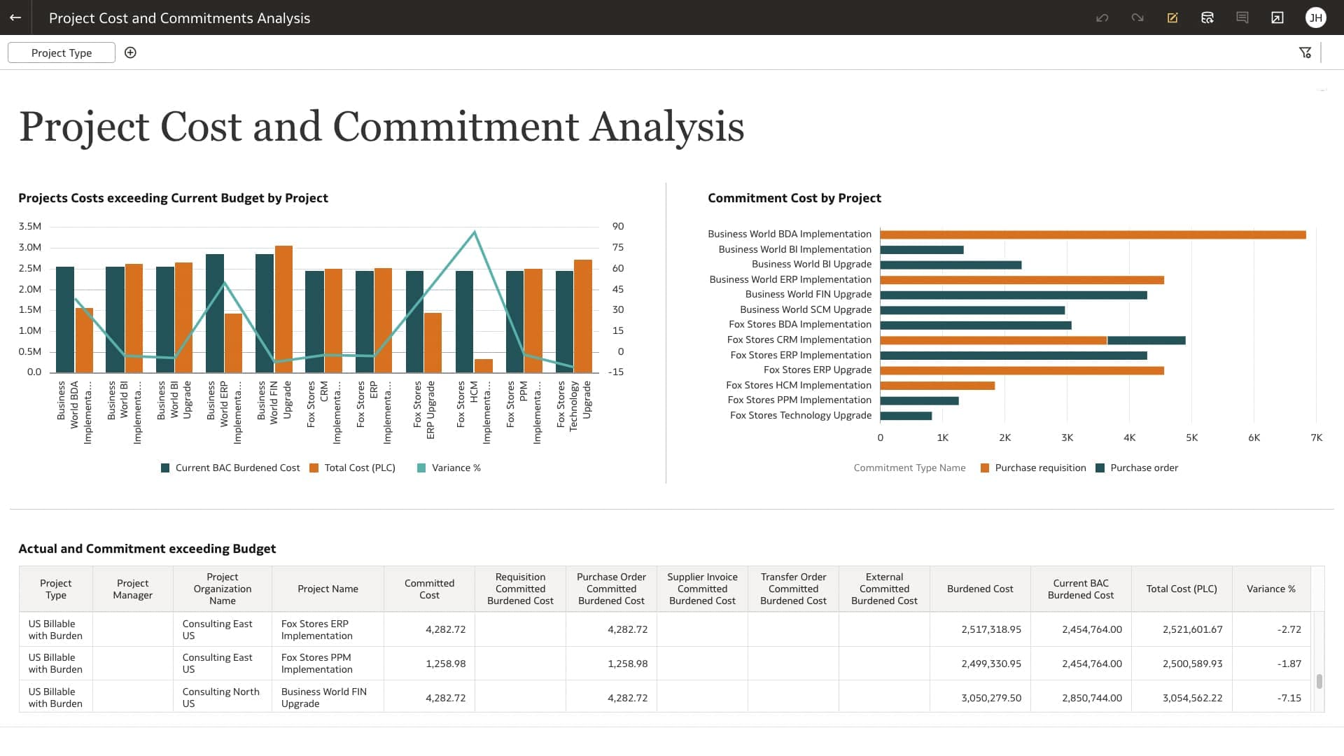 Project Cost and Commitment Analysis view