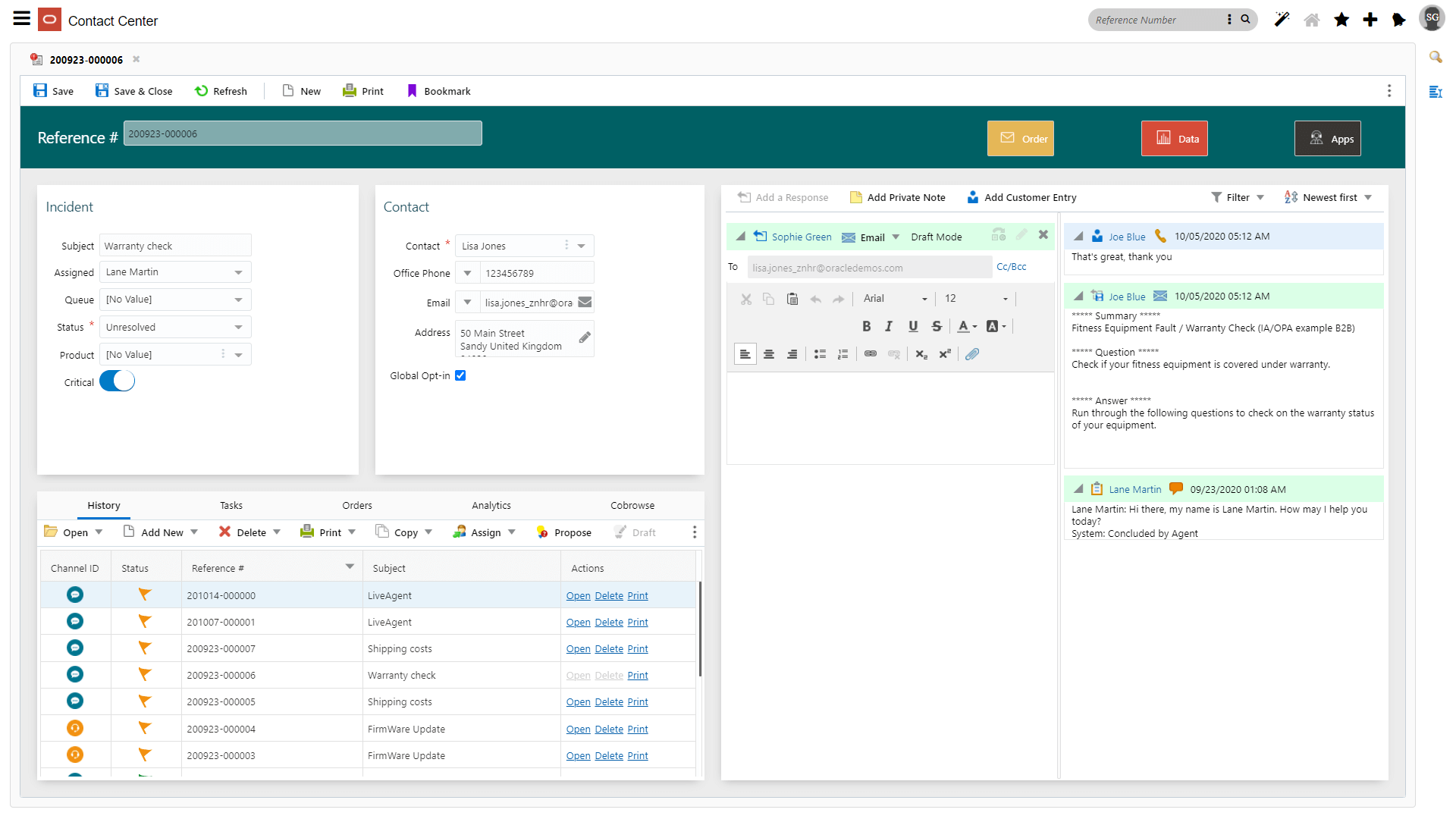 Oracle Service customer dashboard