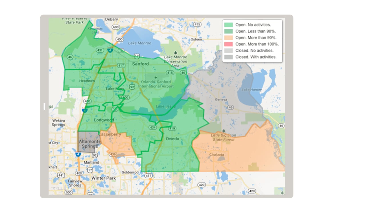 Figure 2: The map view within Oracle Field Service visualizes real-time available capacity.