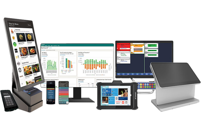 Infographic showing a computer within a surrounding circle of icons: Mobile payments, Delivery service, Management systems, Online ordering services