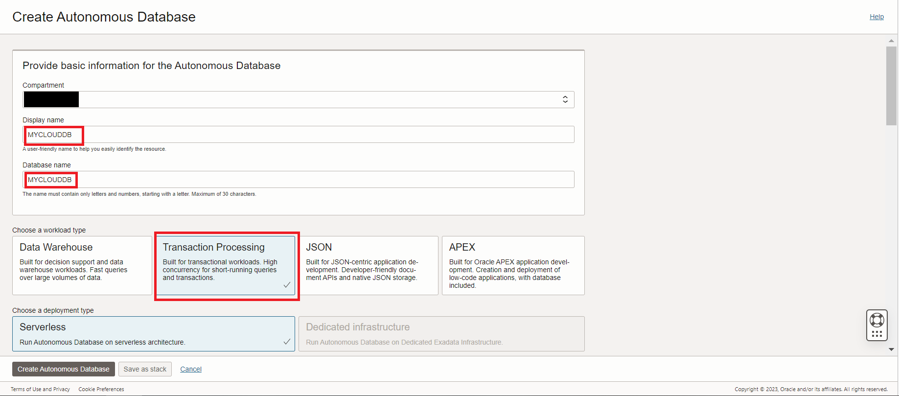 Screenshot of Oracle Autonomous Cloud database creation