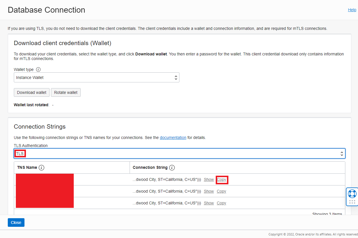 Screenshot of Oracle Autonomous Cloud database connect string page