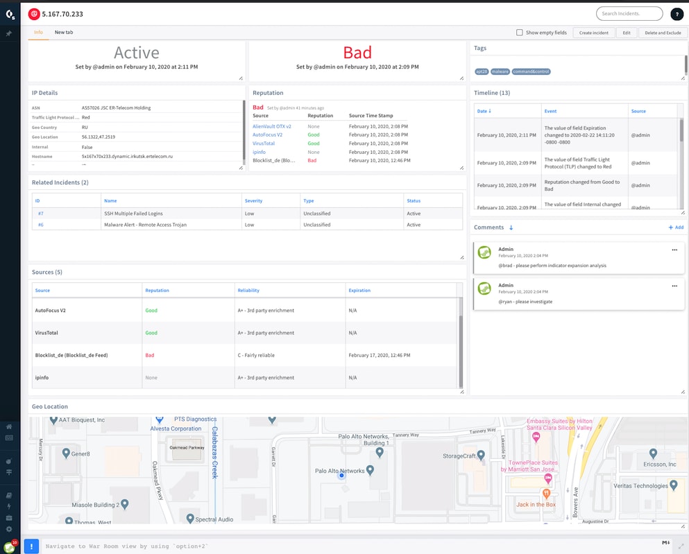 This screenshot shows Cortex XSOAR's threat intelligence feeds. 