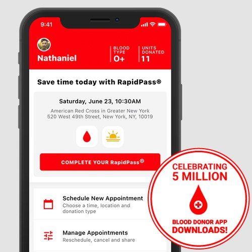 Phone showing view of Blood Donor App with user's blood type and appointment information