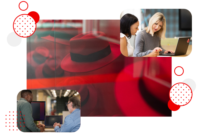 Red hats surrounded by collage of Red Hat Employees working together