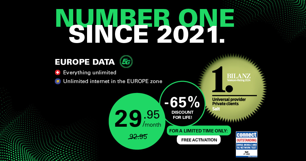 Black background with white and green text: Europe Data at 29.95/month instead of 92.95. Free activation. Salt Mobile.