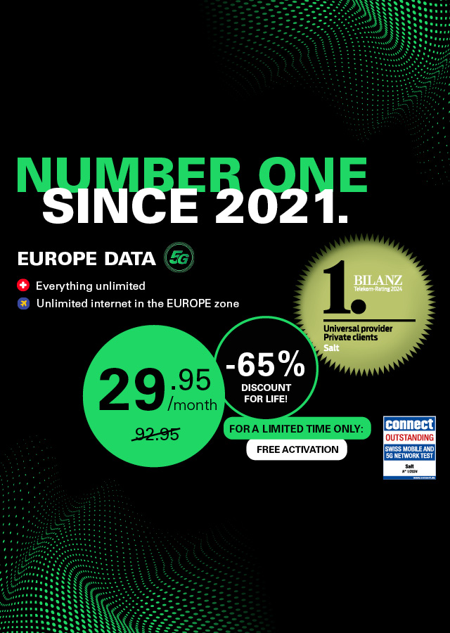 Black background with white and green text: Europe Data at 29.95/month instead of 92.95. Free activation. Salt Mobile.