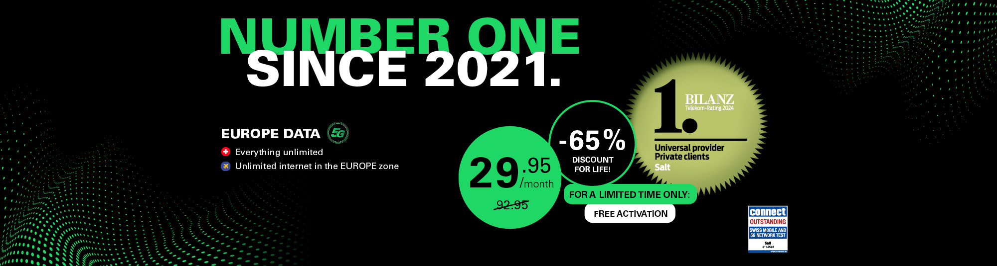 Black background with white and green text: Europe Data at 29.95/month instead of 92.95. Free activation. Salt Mobile.