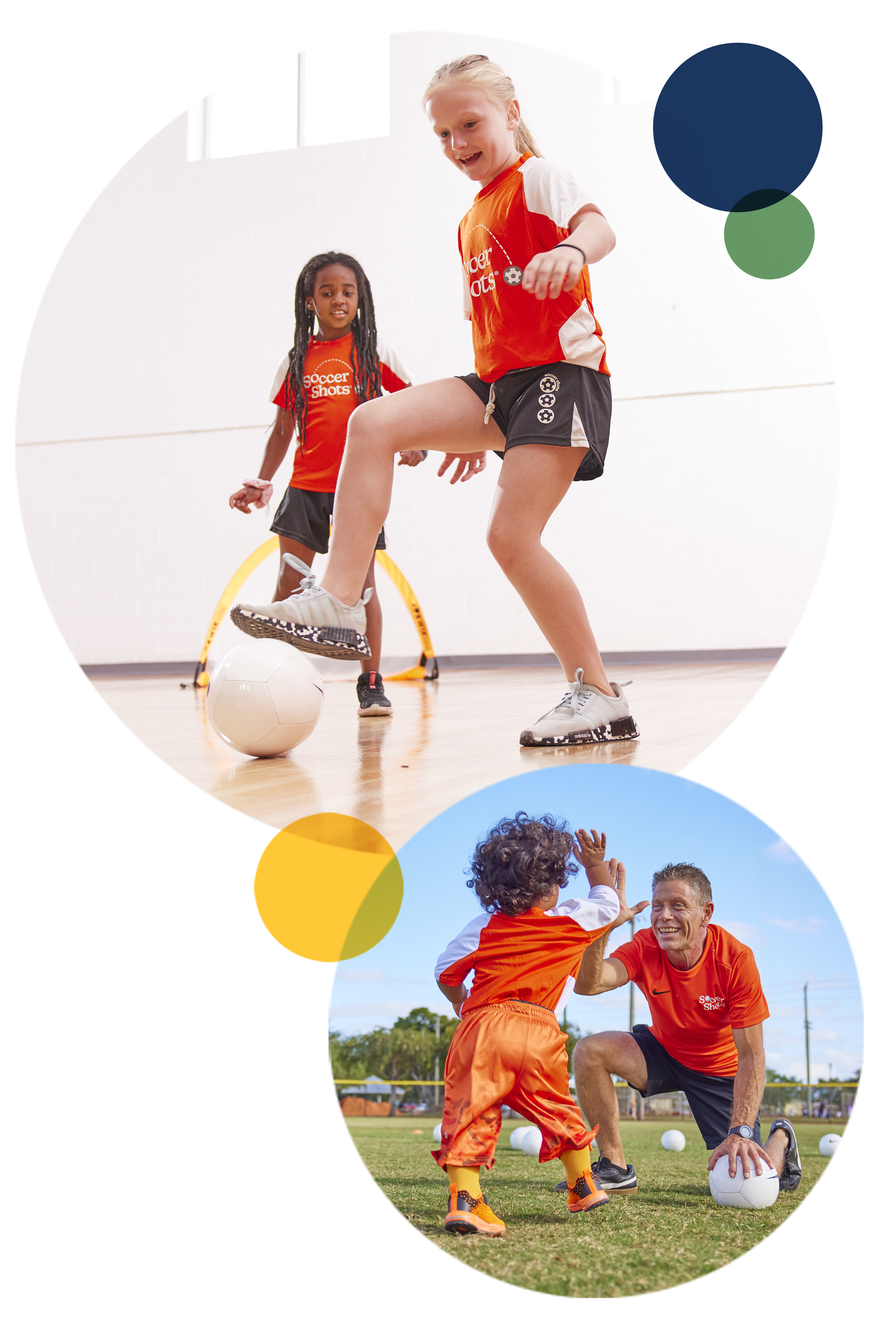 Two girls playing soccer indoors. Soccer Shots coach high-fiving a little boy.