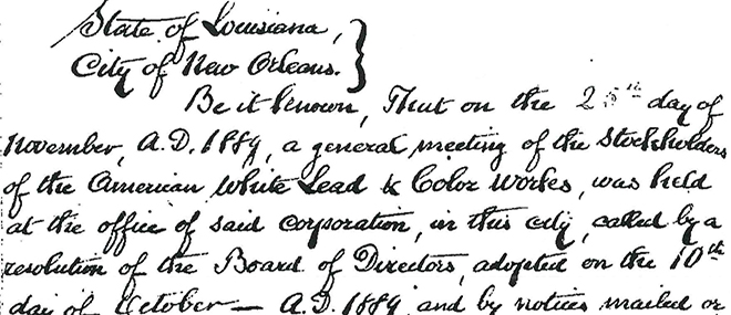 One of the oldest records in our Commercial Division, this handwritten amendment was filed in 1889 for American White Lead and Color Works.