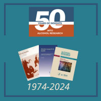 Imágenes de tres portadas de revistas de Alcohol Research: Current Reviews con un logotipo que dice 50 años de conocimientos sobre la investigación del alcohol. De 1974 a 2024.