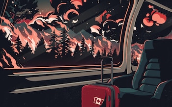 illustration showing forest fire seen from inside of a train carriage with a suitcase on the seat